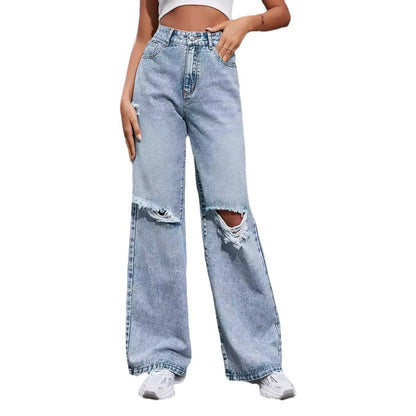 Pantalones vaqueros rasgados de pierna ancha y cintura alta informales para mujer