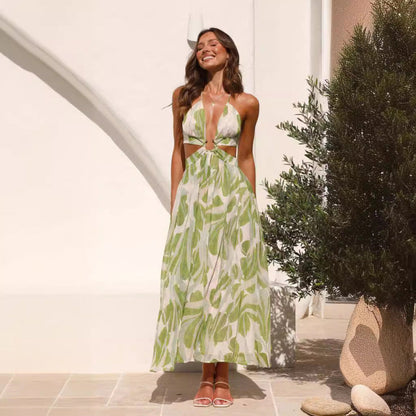 Vacation Women Fashion V-Neck Backless Maxi Dress