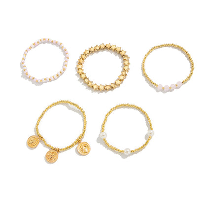 Women Fashion Beaded Star Pearl Multilayer Bracelet with Tassel