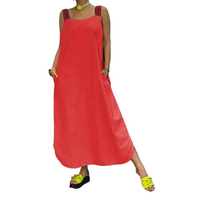 Vestido informal de algodón y lino de color liso para mujer