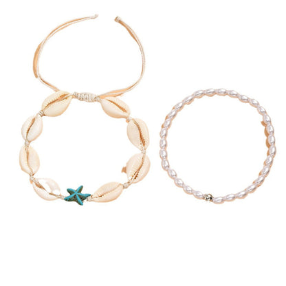Conjunto de cadena para el pie con cuentas de arroz bohemias y conchas