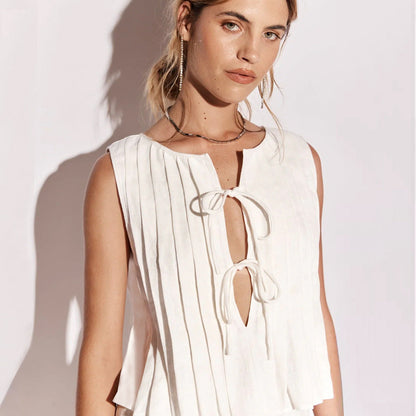 Spring And Summer Women Cotton Linen Lace-Up Blouse