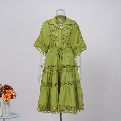 Vintage Palace Style Lapel Embroidered Lace Shirt Skirt Set
