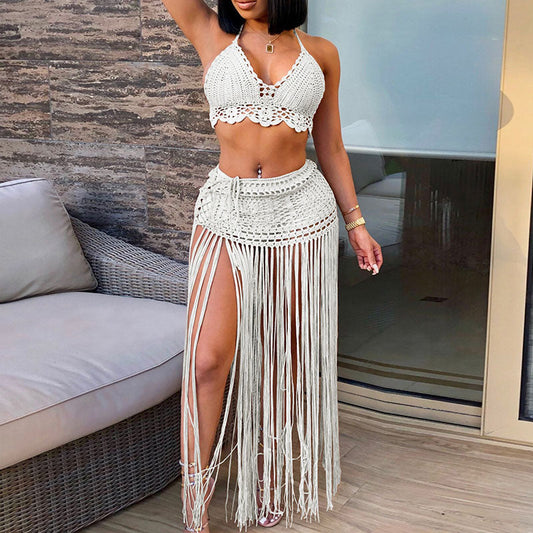 Women Summer Vacation Solid Color Crochet Tassel Coverup Set