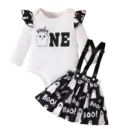 Conjunto de mono y falda con estampado de letras de Halloween para niñas pequeñas