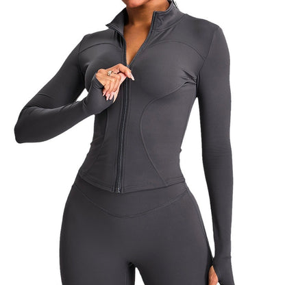 Veste de sport décontractée à manches longues et fermeture éclair pour femme, couleur unie, idéale pour le yoga