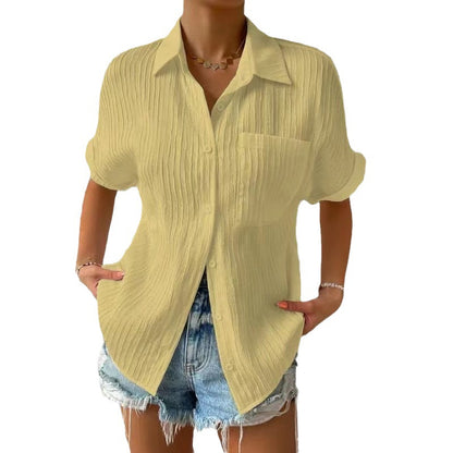 Women Casual Solid Color Cotton Blend Blouse