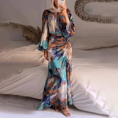 Women Fashion Tie-Dye Pleated Long Sleeve Dress