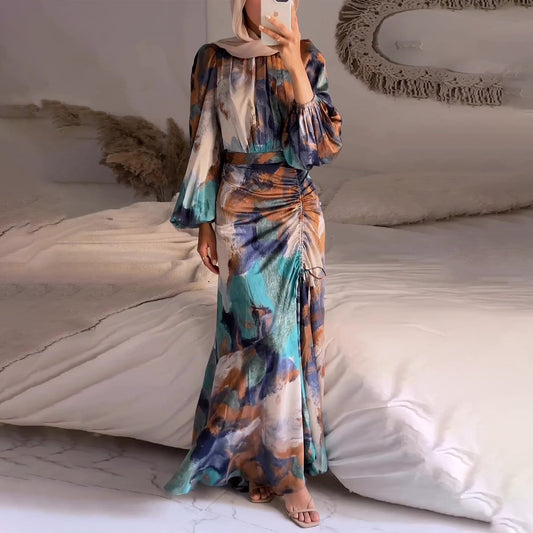 Women Fashion Tie-Dye Pleated Long Sleeve Dress