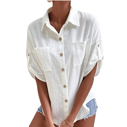 Blusas de lino y algodón de color liso a la moda para mujer