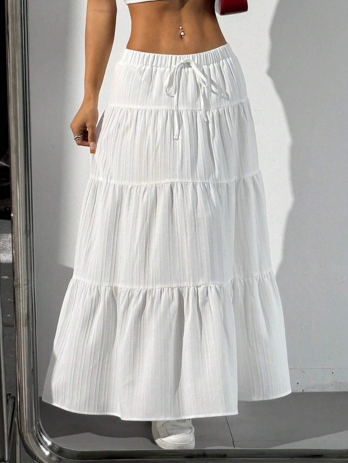 Jupe ample plissée à lacets de couleur unie pour femme