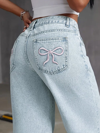 Vaqueros de pierna ancha con bordado de lazo informal a la moda para mujer