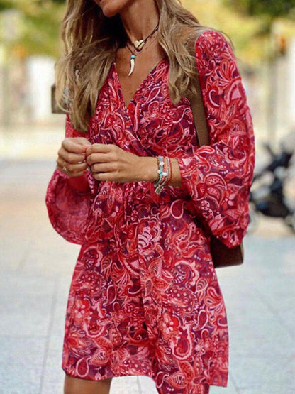 Women Elegant V Neck Vintage Bohemian Printed Casual Dress
