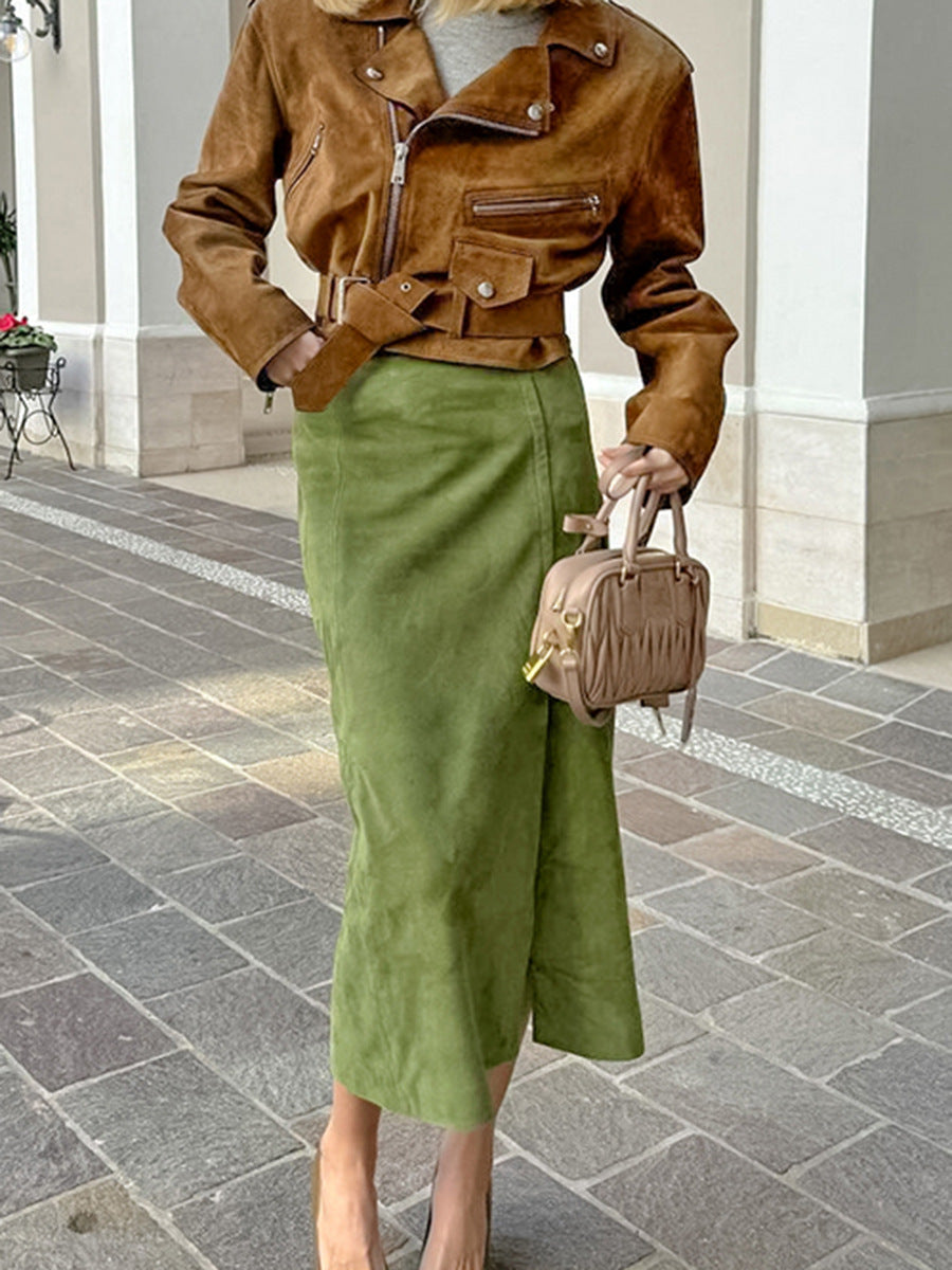 Falda midi de ante de color liso informal de moda para mujer