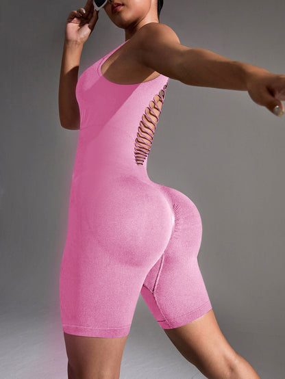 Women Fashion Solid Color Hollow Stripe Yoga Rompers