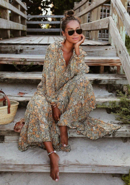 Vestido elegante bohemio con estampado de leopardo, hojas y cachemira floral vintage