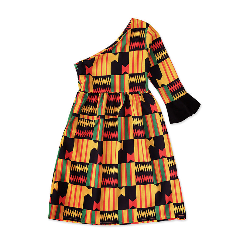 Kids Toddler Girls Casual Color Matching Geometric One-Sleeve Dress