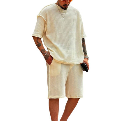 Conjunto de camiseta y pantalones cortos de manga corta de mezcla de algodón para hombre, estilo informal y vacacional