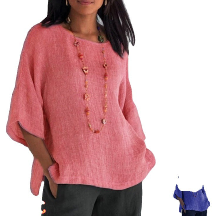 Blusa de algodón y lino con mangas tres cuartos para mujer