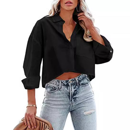 Blusa corta informal de algodón de manga larga de color liso para mujer