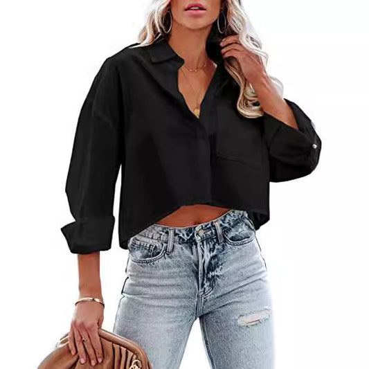 Chemisier court décontracté à manches longues en coton de couleur unie pour femme
