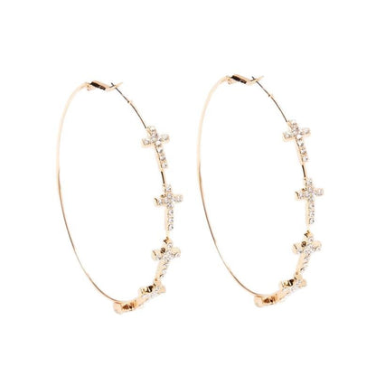 Fashion Exaggerated Rhinestone Cross Hoop Earrings with Gold Silver Finish
