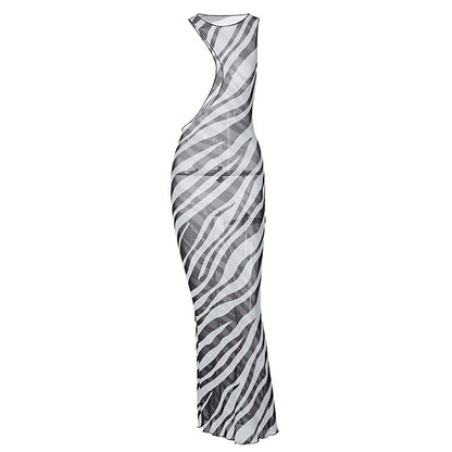 Women Fashion Sexy Irregular Mesh See-Through Sleeveless Elegant Dress