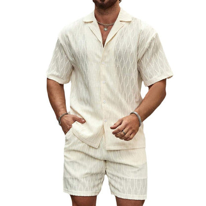 Conjunto de camisa y pantalones cortos de manga corta con solapa y estilo vacacional para hombre