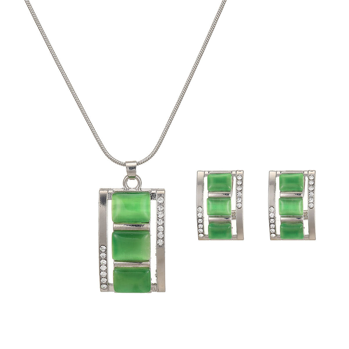 Women Fashion Long Square Cat Eye Necklace Earrings Set Alloy Trendy Jewelry