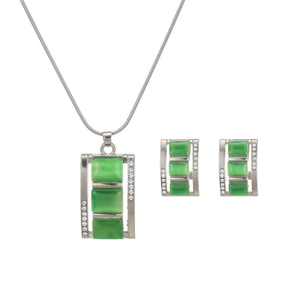 Women Fashion Long Square Cat Eye Necklace Earrings Set Alloy Trendy Jewelry