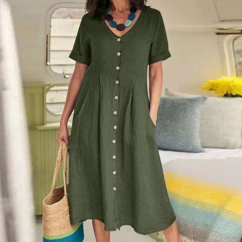 Robe midi taille haute en coton et lin, couleurs unies