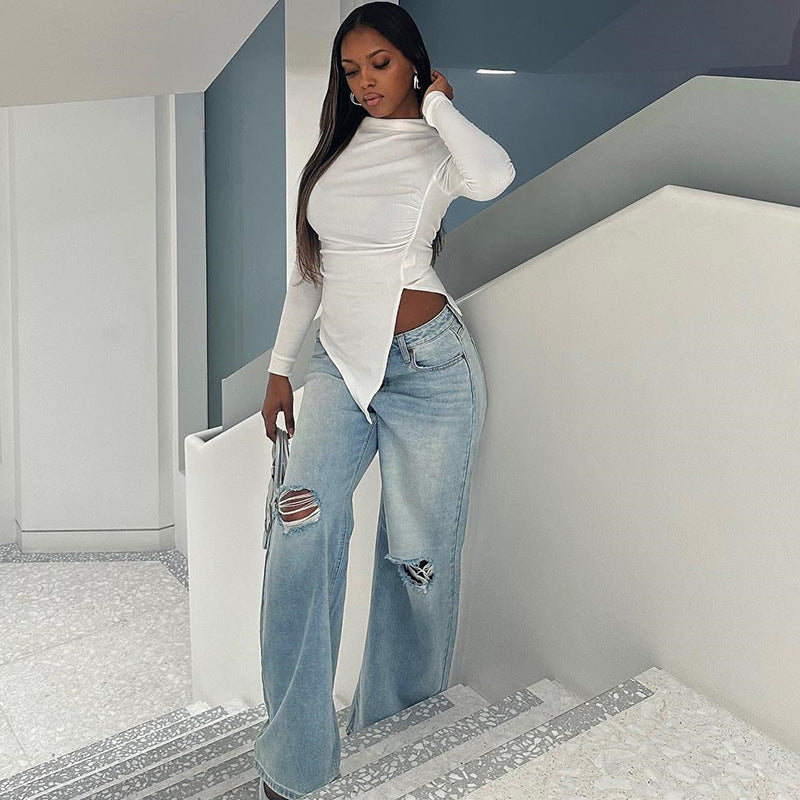 Women Fashion Solid Color Round Neck Long Sleeve Blank T-Shirt