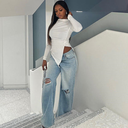 Women Fashion Solid Color Round Neck Long Sleeve Blank T-Shirt