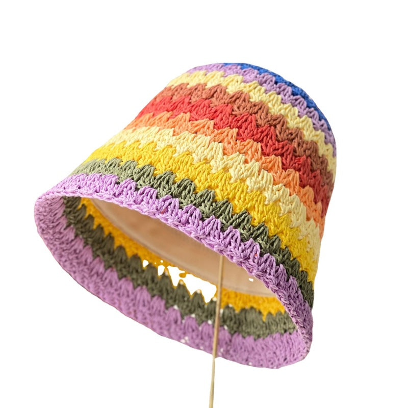Sombrero de pescador tejido de paja arcoíris de moda para mujer