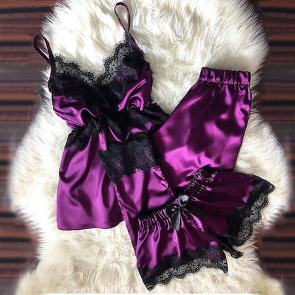Sexy Women Solid Color Satin Lace Patchwork Pajamas Set