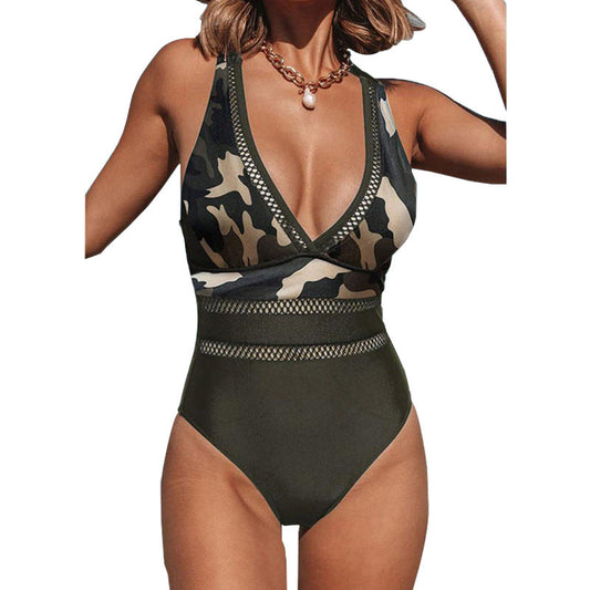 Women Summer Vacation Camouflage Print One-Piece Swimwear