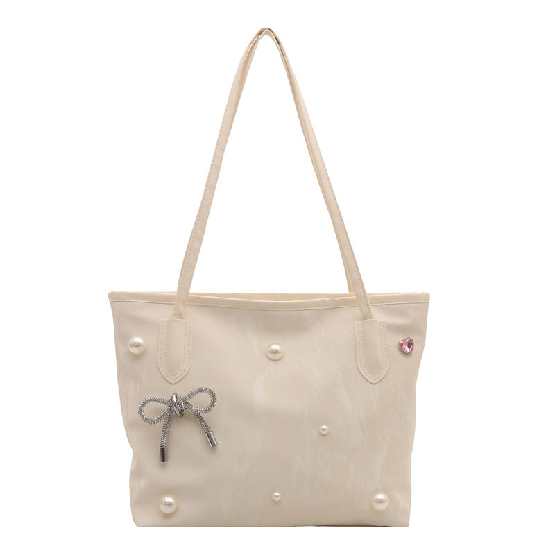 Bolso de mano elegante con lazo de perlas y gran capacidad en color sólido para mujer