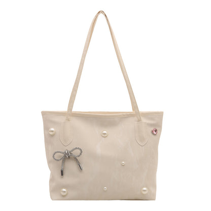 Bolso de mano elegante con lazo de perlas y gran capacidad en color sólido para mujer