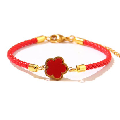 Women Fashion Plated 18k Four-Leaf Clover Red Rope Bracelet