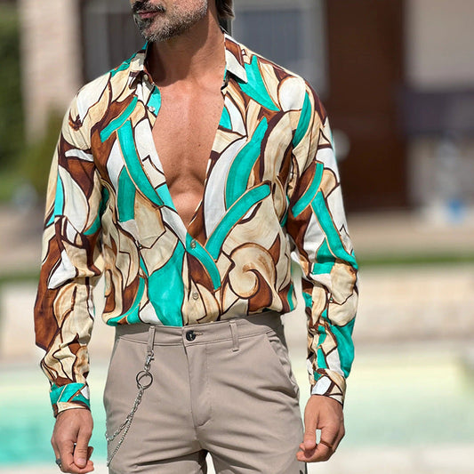 Camisa informal de manga larga con solapa y estampado geométrico para hombre