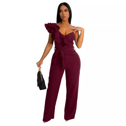 Women Fashion Solid Color V-Neck Ruffled Jumpsuits