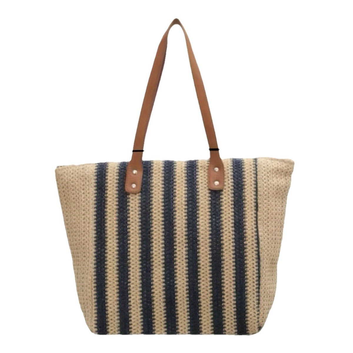Women Casual Contrast Color Straw Woven Beach Tote Bag