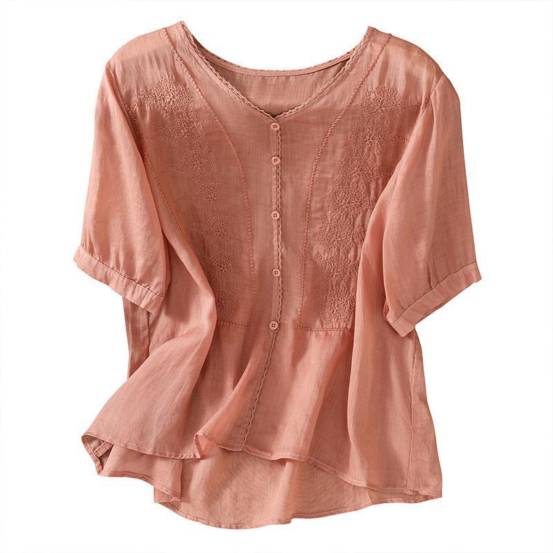 Top de manga corta con bordado de lino retro para mujer