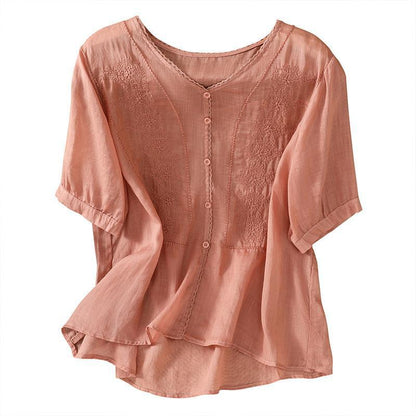 Top de manga corta con bordado de lino retro para mujer