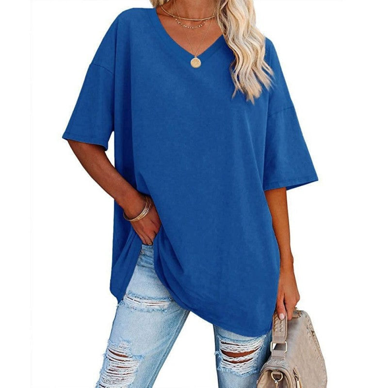Camiseta informal holgada de manga corta con cuello en V para mujer, color liso