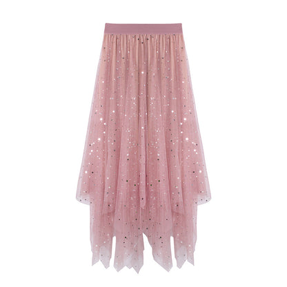 Women Fashion Irregular Star Sequin Mesh Skirt