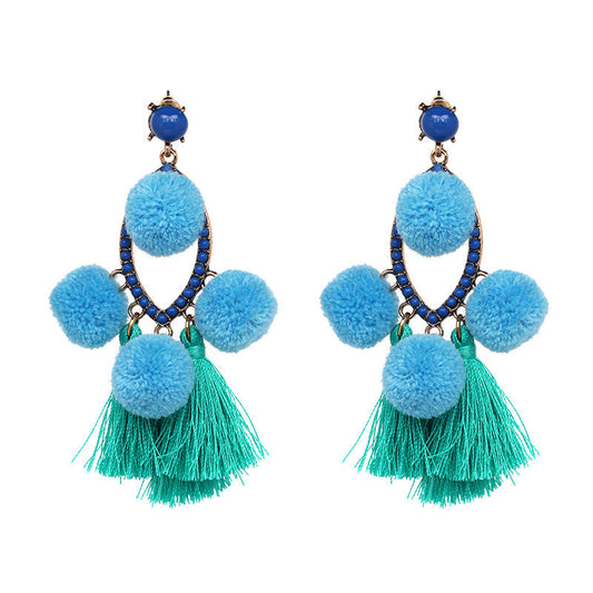 Pendientes bohemios con borlas y pompones pequeños para mujer
