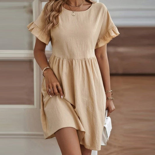 Summer Women Casual Solid Color Round Neck Dress