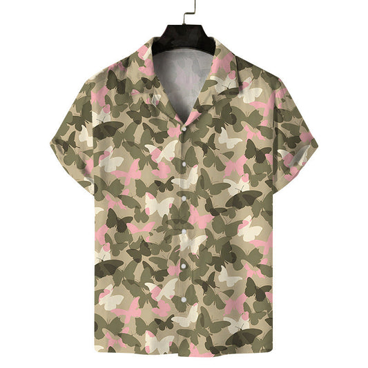 Camisa informal con solapa y estampado de mariposas 3D para hombre