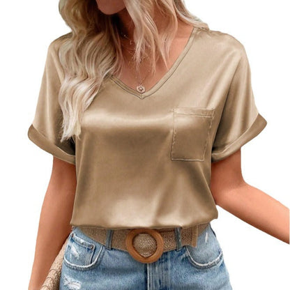 T-shirt ample à manches courtes et col en V en satin pour femme